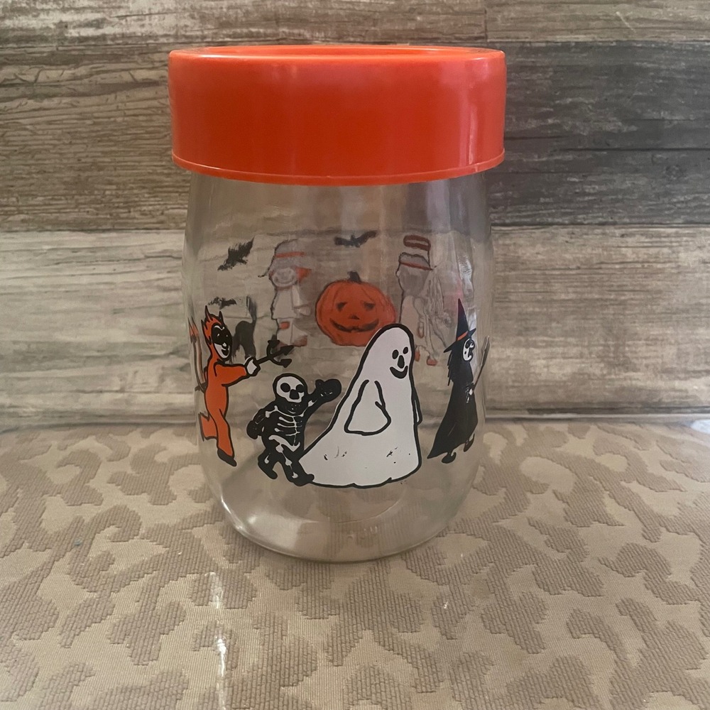 Vintage Carlton Glass Halloween Trick or Treaters Candy Jar Orange Lid USA Made